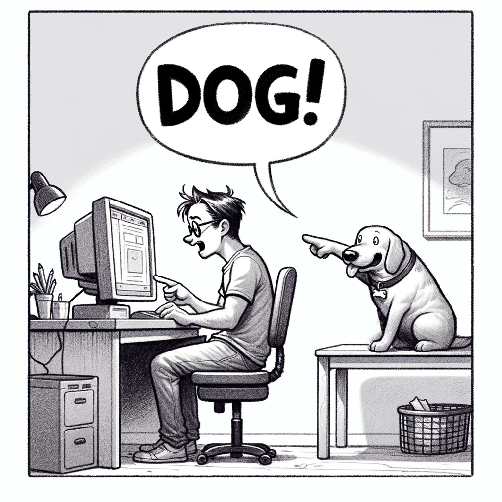 A play on the classic comic strip, where a dog using a computer explains, "On the Internet, no one knows you're a dog." An image in the style of a pencil-drawn comic strip panel. A person is seated at a desk, using a desktop computer, and points excitedly at the computer screen. Behind the person is a dog, sitting on a table and facing the person at the desk. The dog, looking surprised and curious, mimics the person's pointing gesture with its paw. A speech bubble above the dog contains the word "DOG!". The drawing is detailed and shaded, giving depth and a three-dimensional appearance to the characters and objects. The scene is set in a room with a lamp and picture frame in the background, suggesting a home office environment.