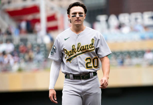 Zack Gelof of the Oakland Athletics looks on during the first inning of the game against the Minnesota Twins at Target Field on September 28, 2023 in...