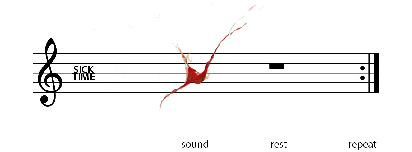 musical score with five horizontal lines of a western musical staff, upon which float five symbols. From left to right: a curling treble clef; a time signature with the word Sick over the word Time. Then, a red arterial painted glob with thin lines extending diagonally; a black rectangle hanging from a middle staff line, the symbol for a whole rest. Finally two small black dots before a pair of vertical lines, a repeat symbol. Beneath the score are the words “sound,” “rest,” and “repeat.”