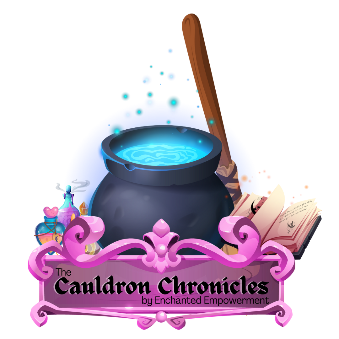 Logo for The Cauldron Chronicles, featuring an intricate design of a cauldron surrounded by mystical symbols. The cauldron emits wisps of magical essence, symbolizing the blend of witchcraft, self-care, everyday magic, and mundane magic. The logo's palette and style convey a sense of enchantment and empowerment