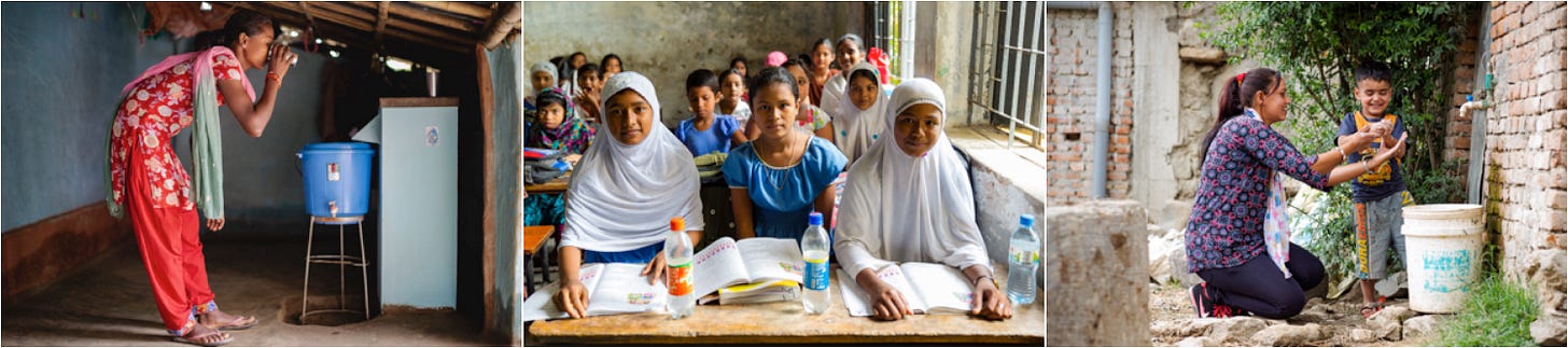 Development: clean water, education, infrastructure
