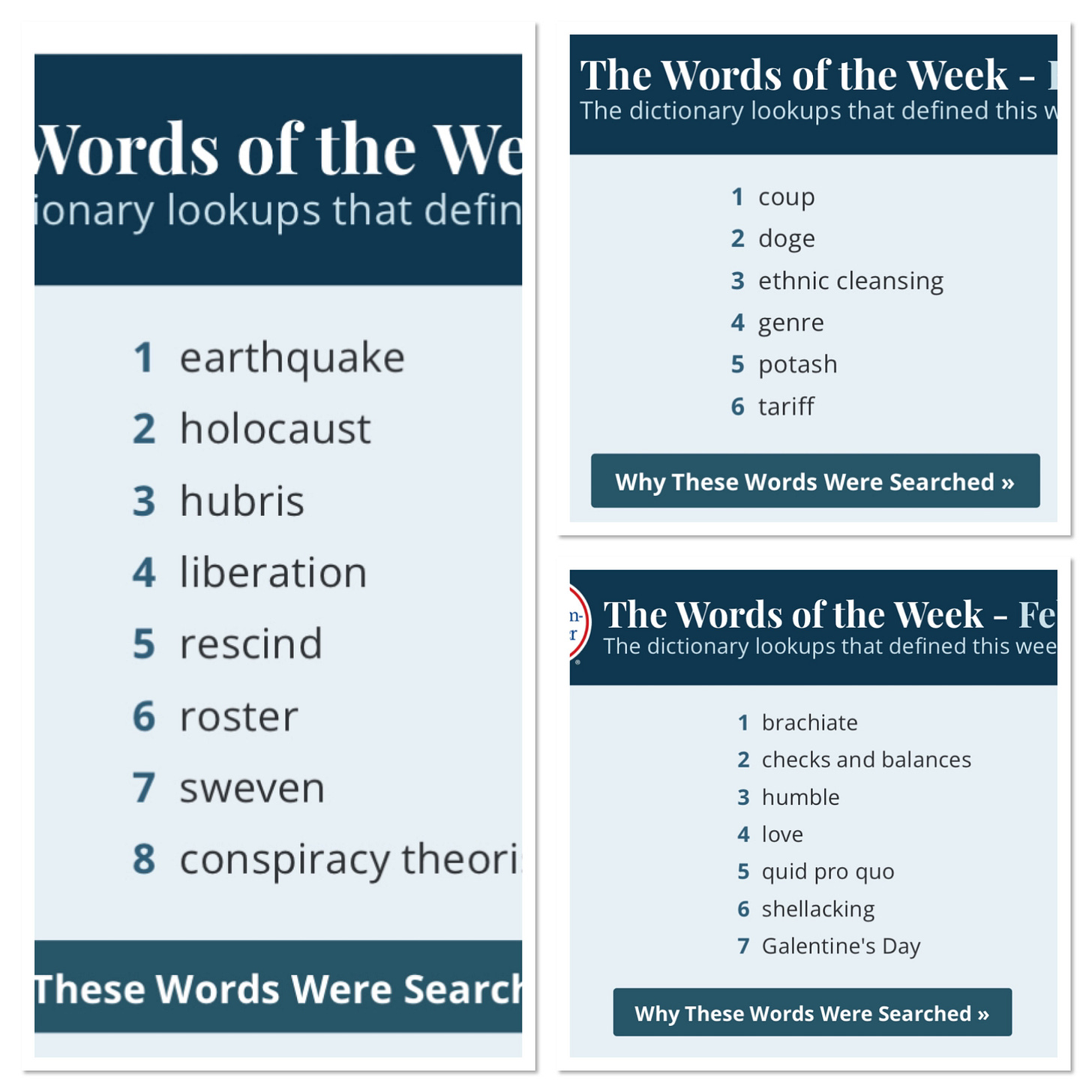 three 'words of the week' lists with words such as earthquake, holocaust, hubris, liberation, genre, coup, doge, tariff, quid pro quo, shellacking, checks and balances.