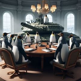 
  penguins inside within armored tank seated at a round table making plans . Image 3 of 4