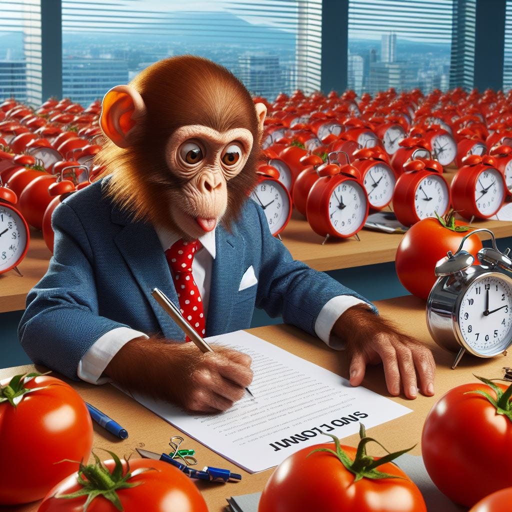 An office Monkey writing something in a paper on a desk full of tomato timers