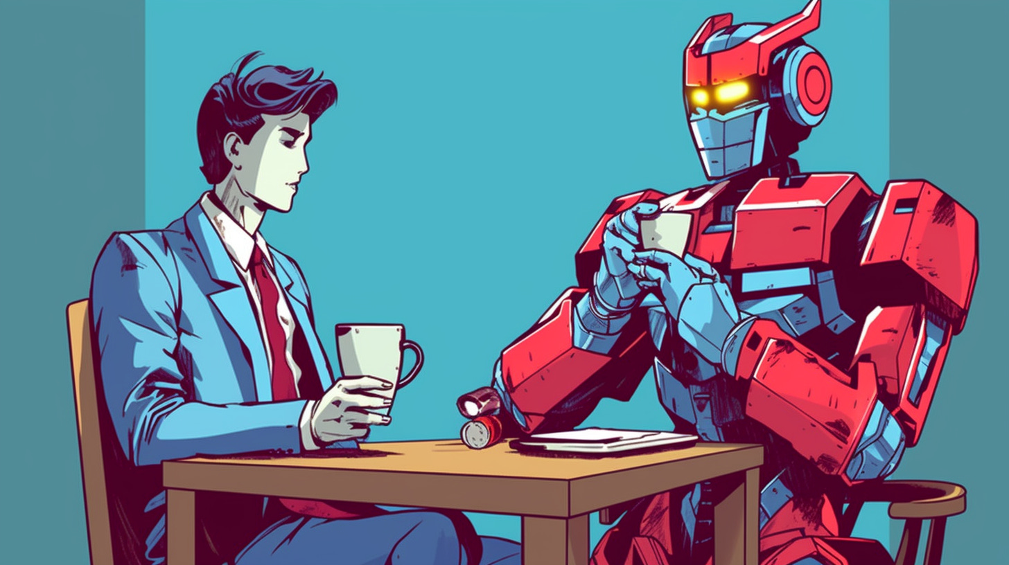 a lawyer and a friendly robot drinking coffee at work in the style of 90s anime, vibrant colors
