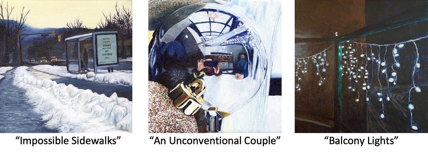 Card designs based on paintings for "Impossible Sidewalks", "An Unconventional Couple" and "Balcony Lights"