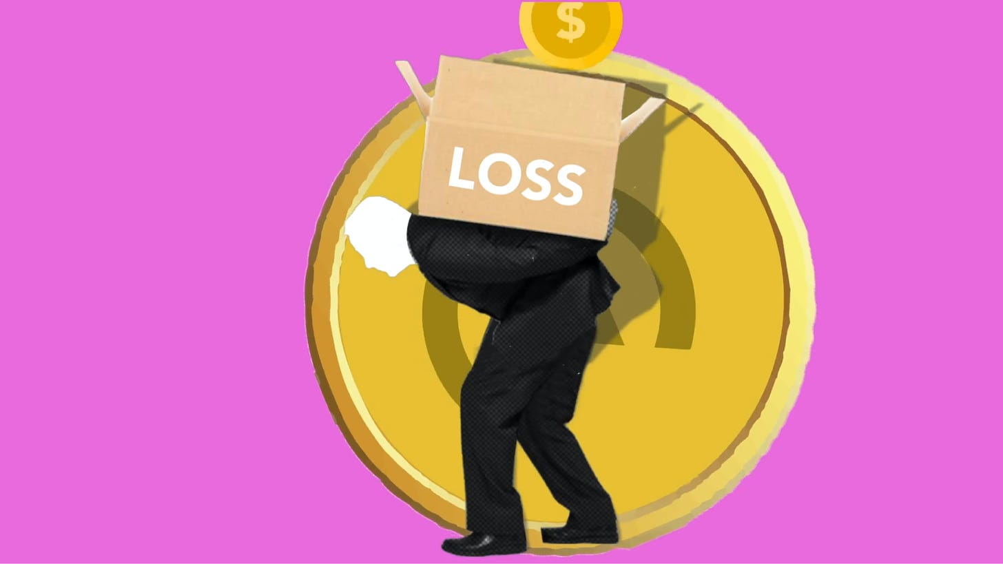 man losing money holding a box on a pink background crypto currency dip