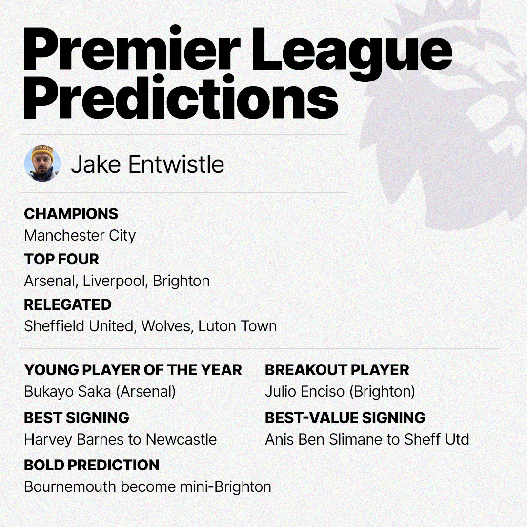 A graphic featuring Jake Entwistle's predictions for the 2023/24 Premier League season