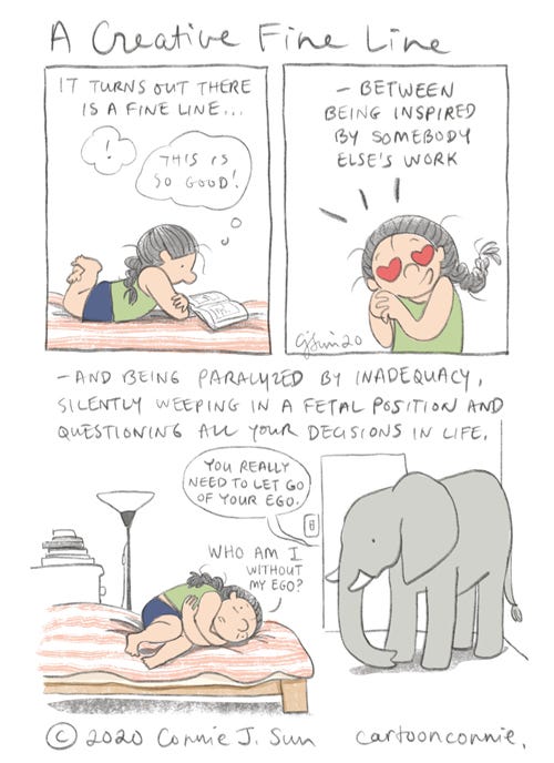 a creative fine line, comic strip comic about creativity, ego, creative inspiration and comparison, by connie sun, cartoonconnie, sketchbook, drawing, slice of life cartoon