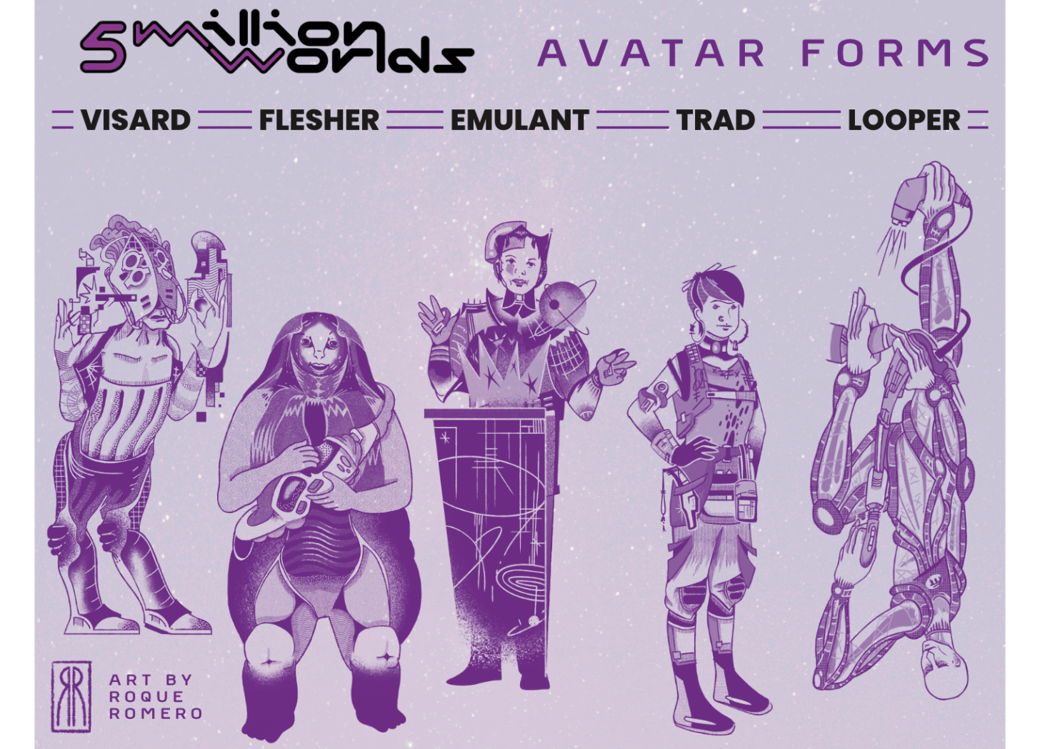 Five character pieces: Visard, Flesher, Emulant, Trad, Looper. The Visard wears a large mask, manipulating a holo-projection. The Flesher is round and kind-looking. The Emulant gives a speech at a lectern. The Trad stands there lookin like a space scoundrel. The Looper hangs upside-down, holding equipment with one of their feet-hands while using a tool with their other hands.