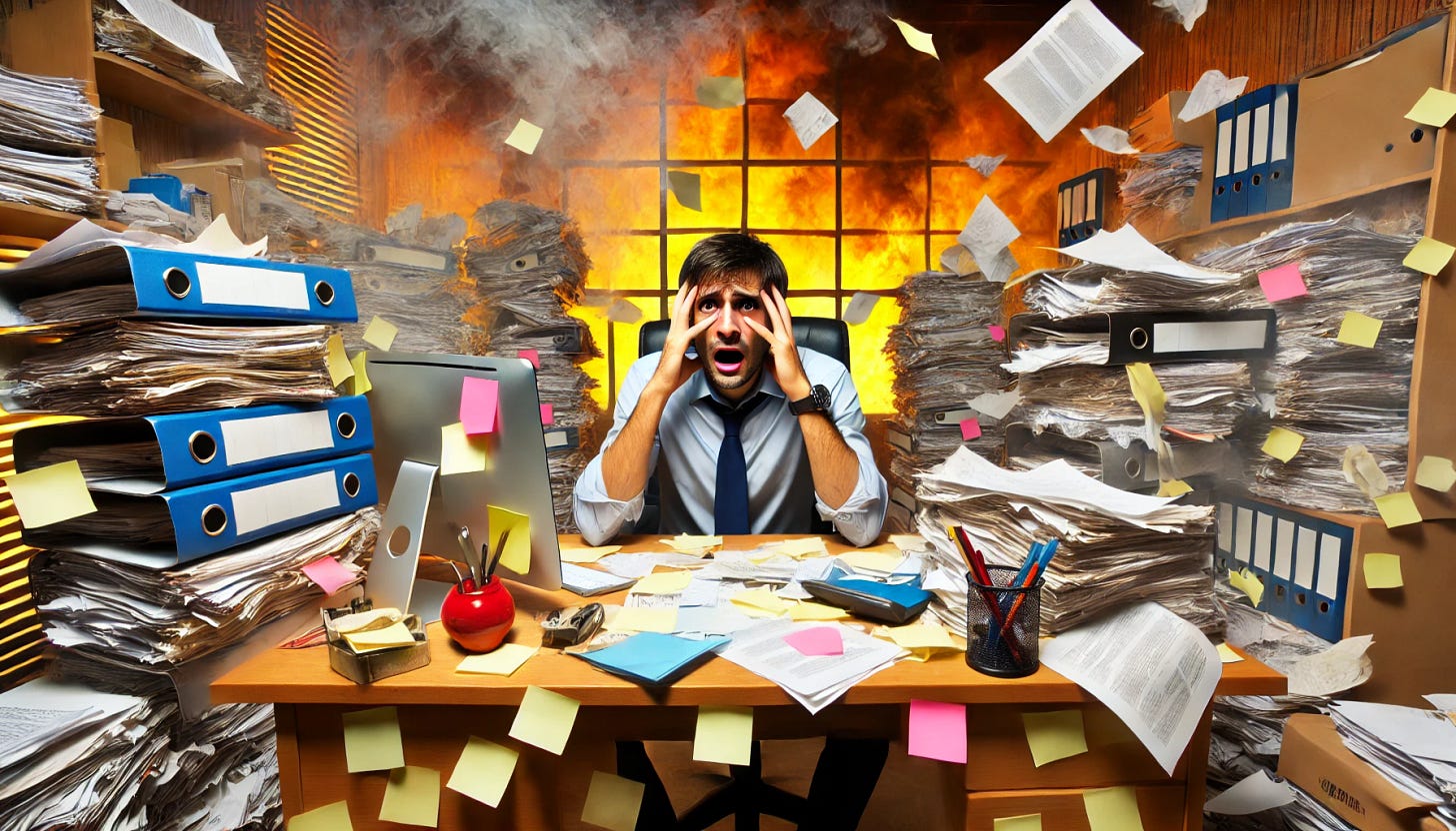 An overworked office worker sitting at a cluttered desk filled with papers, files, and sticky notes. The worker looks extremely stressed, with a panicked expression and sweat dripping. The office is in complete chaos, with documents flying around. The background is even more intense, resembling a burning inferno with thick smoke and flames surrounding the scene, making it look like a true office hell.