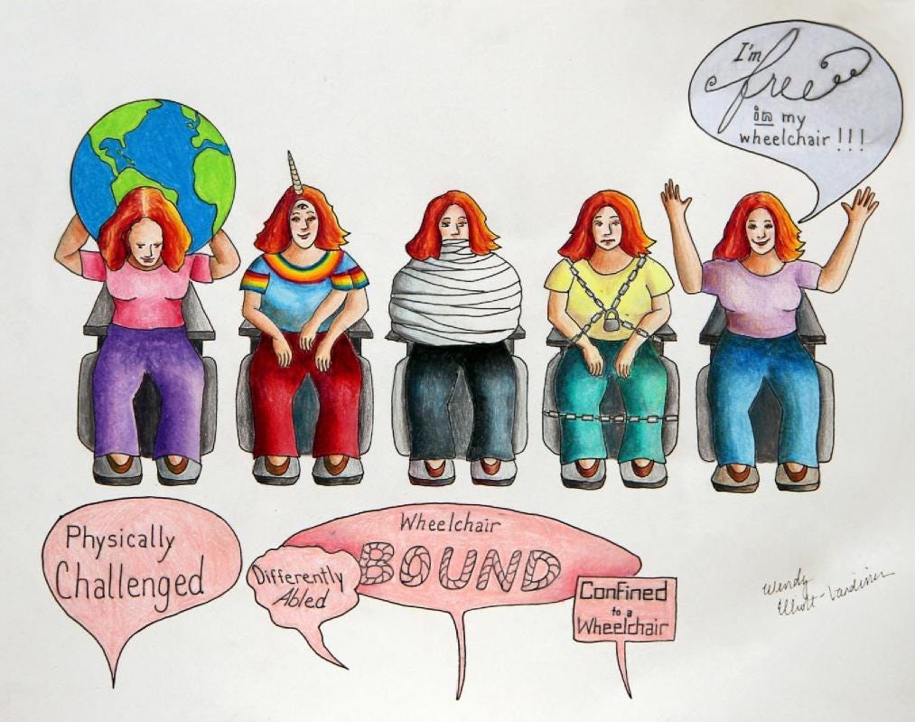 Wendy's cartoon features 5 versions of herself, the first 4 address disability stereotypes and the 5th version she appears as herself.