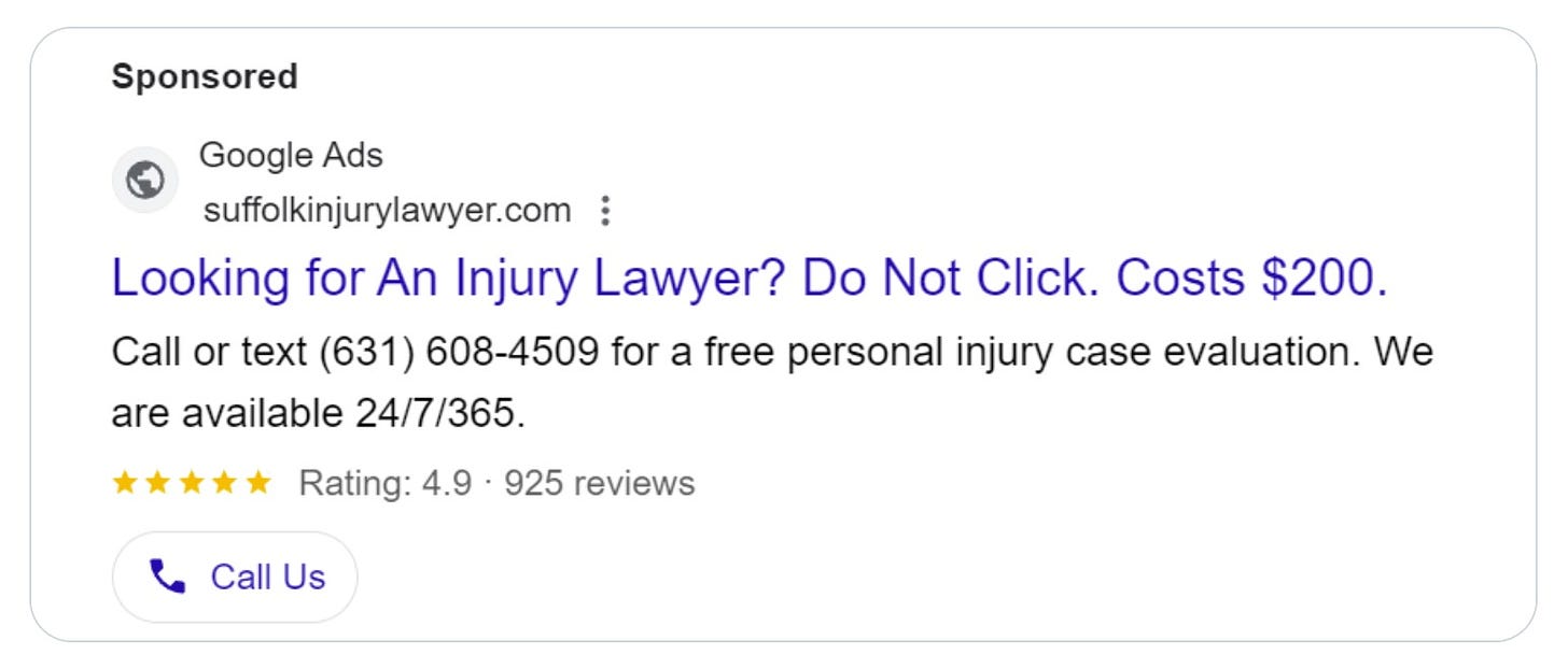 A Google Ads sponsored search result for Suffolk Injury Lawyer showing the headline 'Looking for An Injury Lawyer? Do Not Click. Costs $200.' with a 4.9-star rating from 925 reviews and a phone number for free case evaluations.