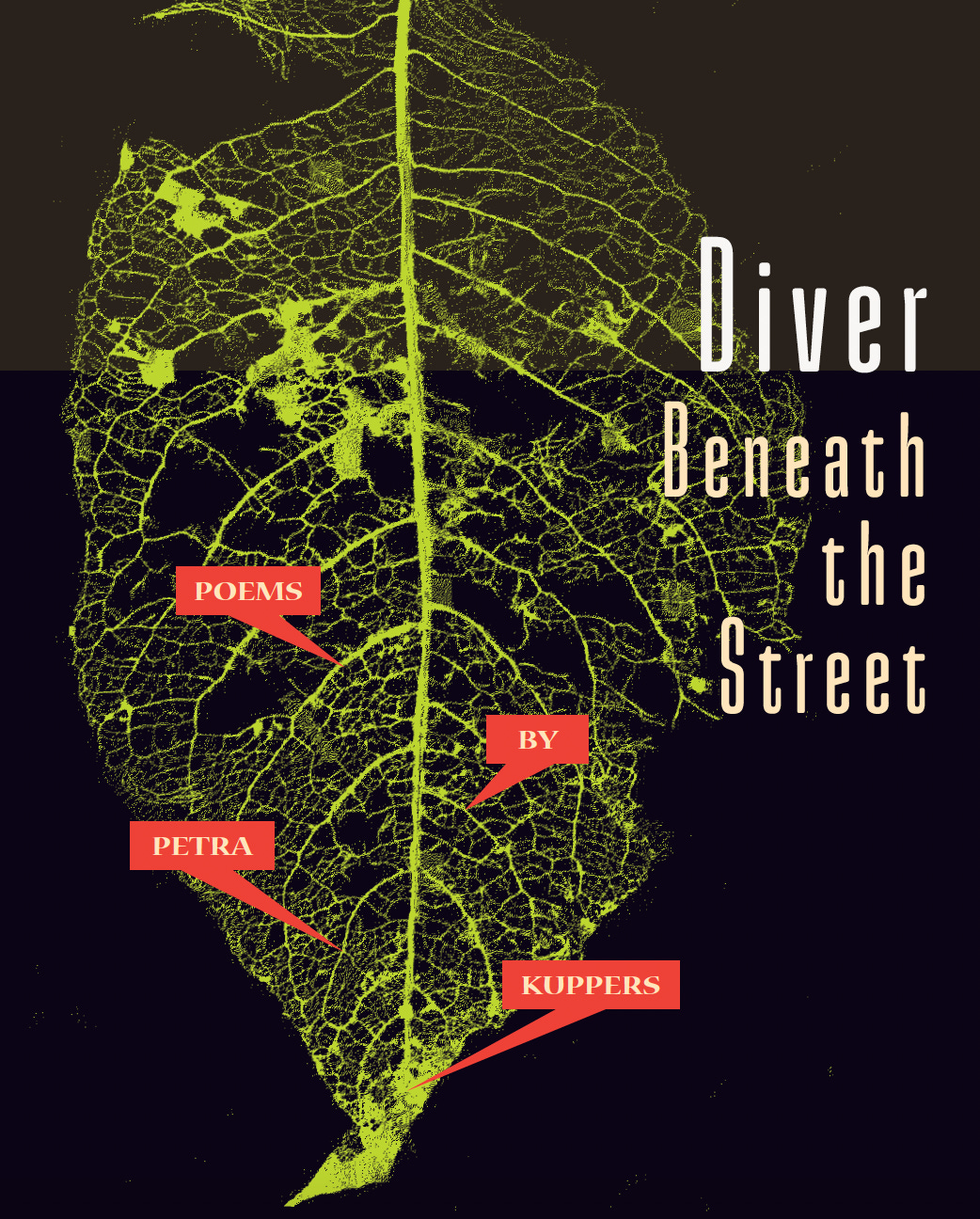 Book Cover Image description: a neon-green skeleton leaf’s botanical lace lances downward into earth. Beneath the word Diver, a horizon melts brown into black. Red labels speak of maps and crime scenes.