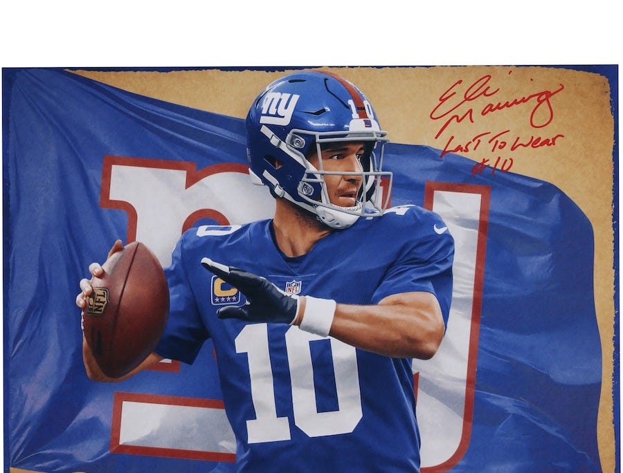 Eli Manning New York Giants Autographed 16" x 20" Photo Print with "Last to Wear #10" Inscription - Art by Brian Konnick - Limited Edition of 10