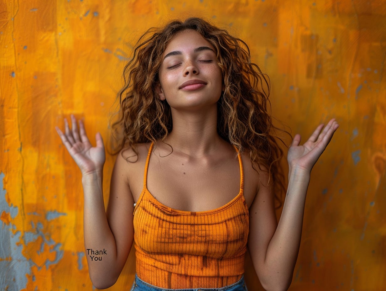 young woman, being happy and thankful, saying "Thank You", looking up, hands wide open, standing tall. Full body image. Indoor studio shot, contrasting, single vivid color background