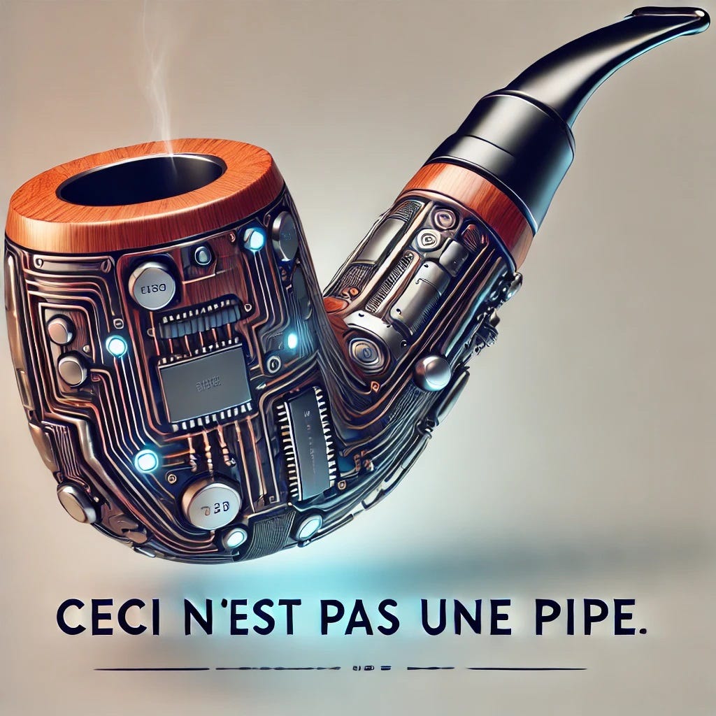 A smoking pipe that looks like it is also cybernetic with wires, chips. Underneath, the image is a phrase that says "This Is Not a Pipe" in French. 