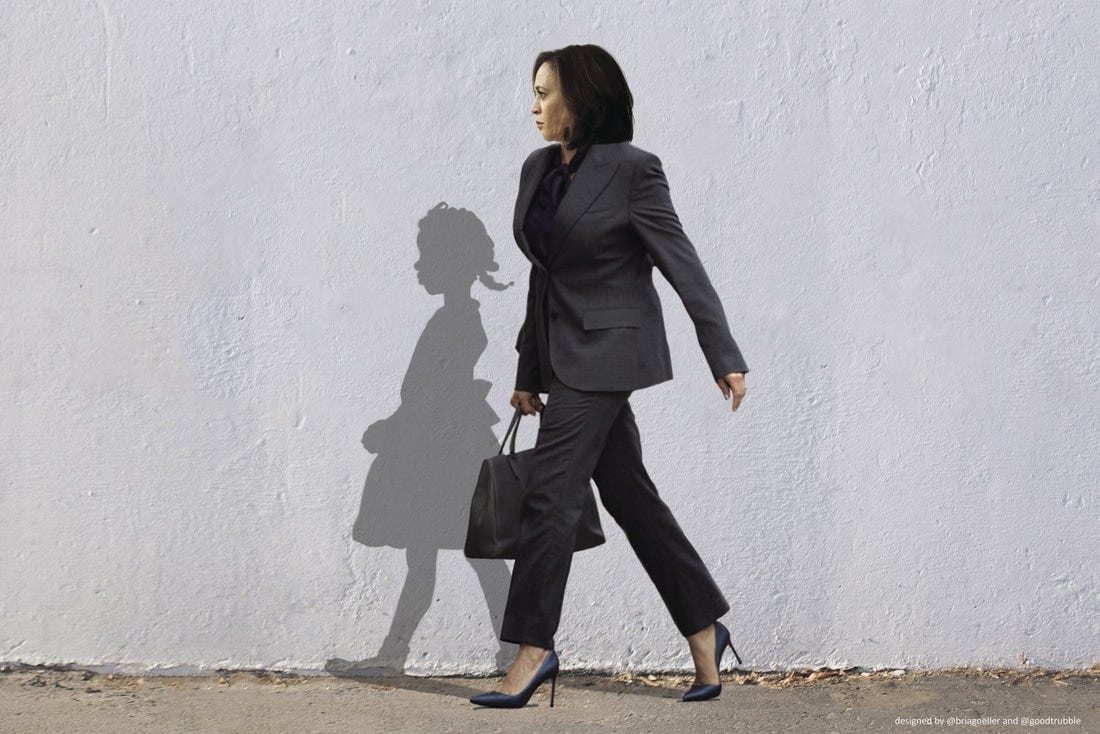 Kamala Harris walks next to a wall. Her shadow is that of Ruby Bridges.