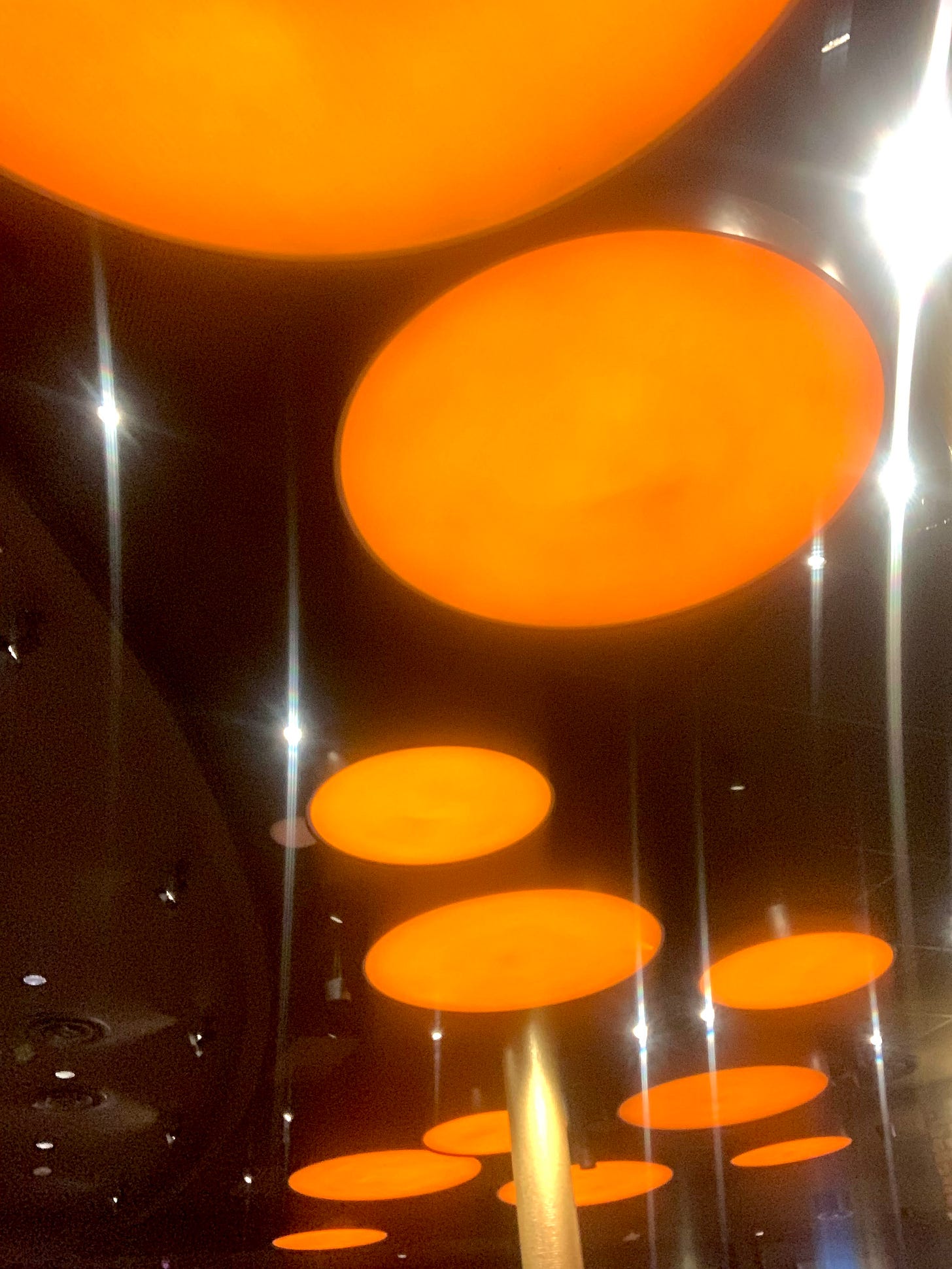 Yellow-orange disc-shaped light fixtures hanging from a black ceiling