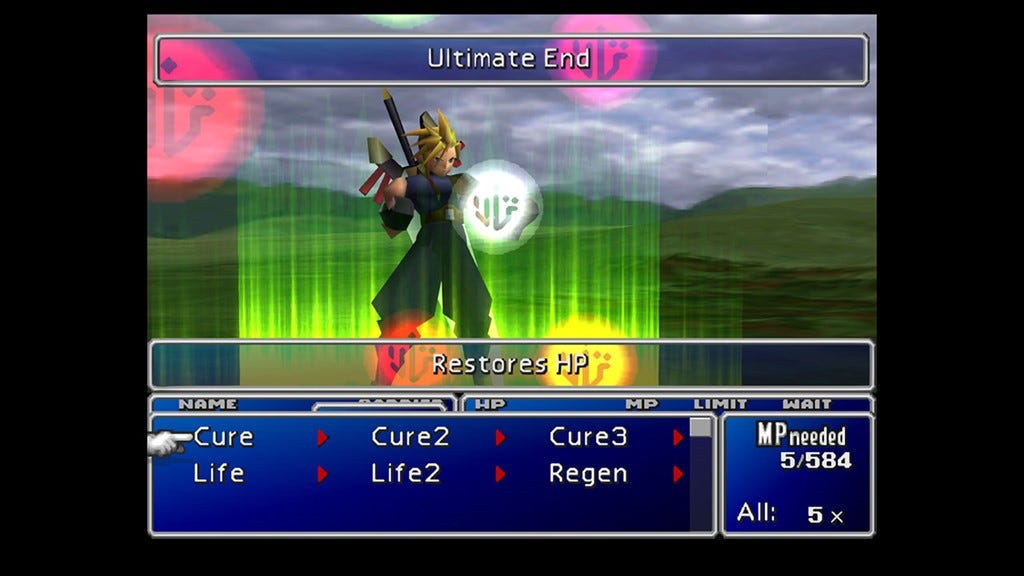 a screenshot of Cloud, a character from Final Fantasy VII, executing a summon attack mid-battle.