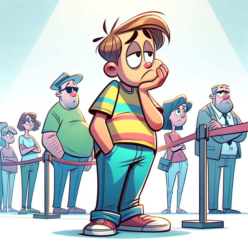 A cartoon character looking bored, standing in line and slumped to one side. The character has a slouched posture, with one shoulder lower than the other, and an expression of disinterest. Their arms are loosely hanging by their sides. The setting is a typical queue scene, with other cartoon characters in the background, also waiting in line. The overall mood is comical and exaggerated, capturing the essence of boredom in a humorous way. The colors are bright and playful, adding to the cartoonish style of the image.