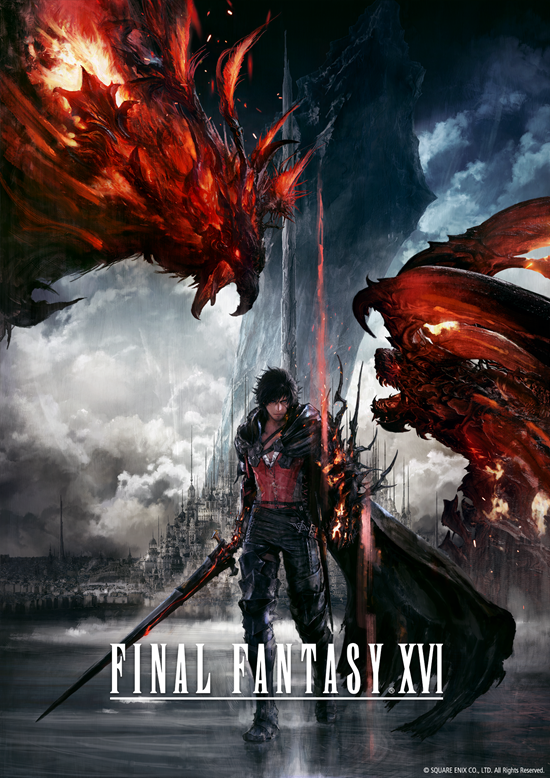 Key art of the game, with Clive Standing in the foreground, Ifrit, Phoenix and a Mothercrystal in the background