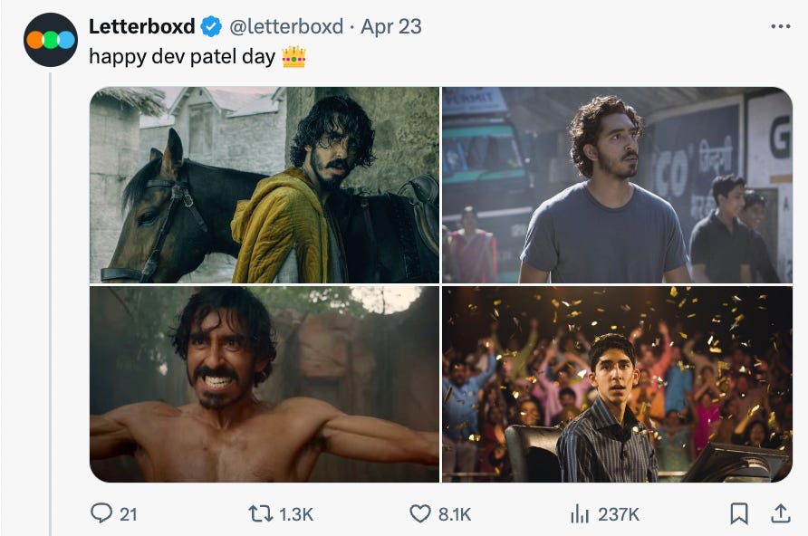 Tweet from Letterboxd that says "Happy Dev Patel Day" and four screen grabs from his movies