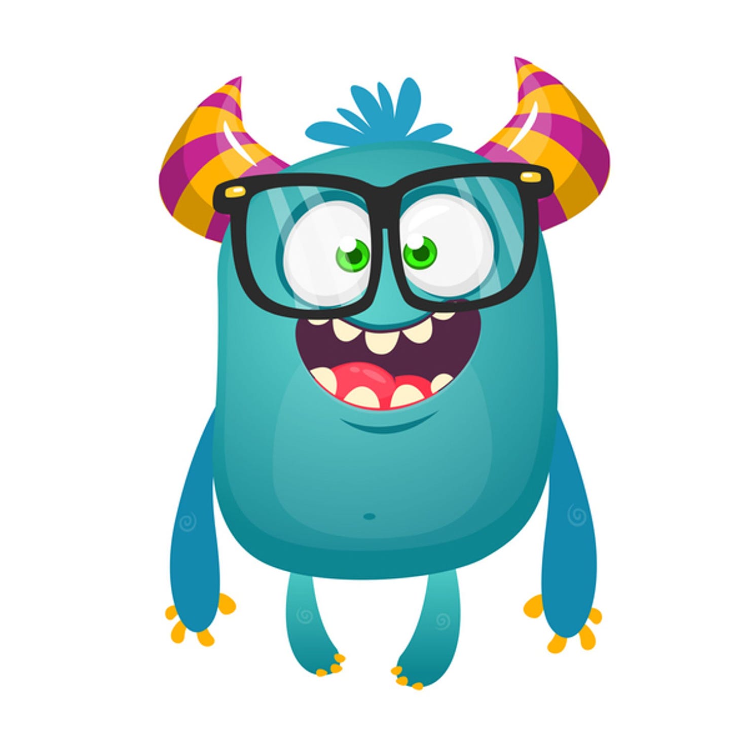 Friendly-looking blue monster with horns and big glasses