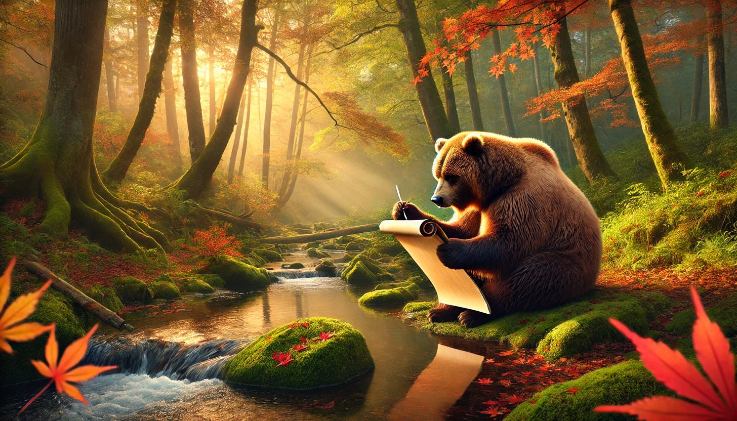 A majestic Kodiak bear sitting by a tranquil stream in a lush forest, surrounded by vibrant autumn leaves. The bear is holding a traditional Japanese scroll, appearing to write a haiku. The scene is serene, with soft sunlight filtering through the trees. The atmosphere is calm and reflective, emphasizing the artistic and meditative aspect of the bear's activity. The composition has a cinematic quality with a wide aspect ratio of 34:21.