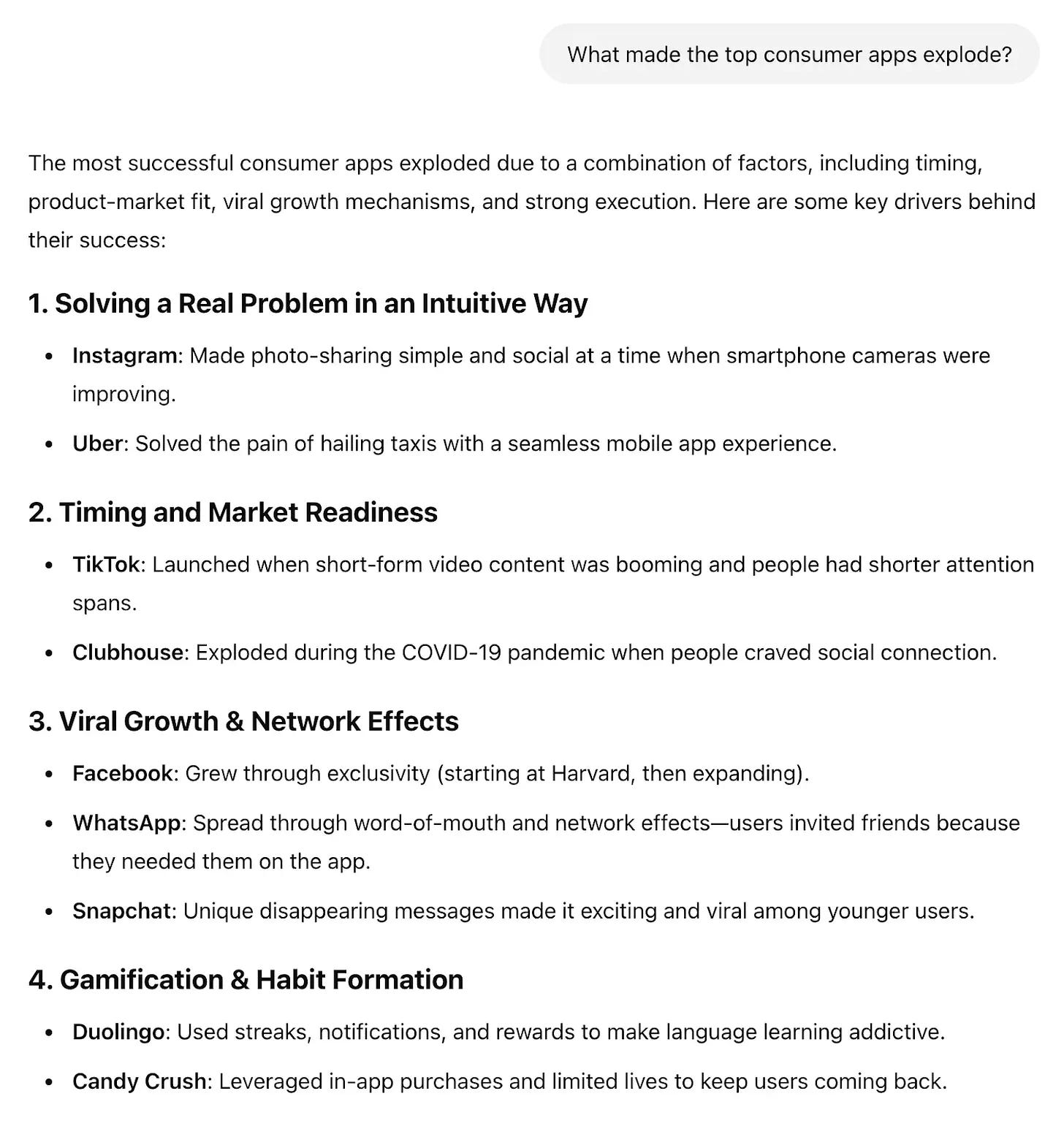 Example of a ChatGPT prompt and AI-generated breakdown of why top consumer apps like Instagram, Uber, TikTok, and WhatsApp achieved mass adoption, focusing on timing, product-market fit, and growth strategies Example of a ChatGPT prompt and AI-generated breakdown of why top consumer apps like Instagram, Uber, TikTok, and WhatsApp achieved mass adoption, focusing on timing, product-market fit, and growth strategies