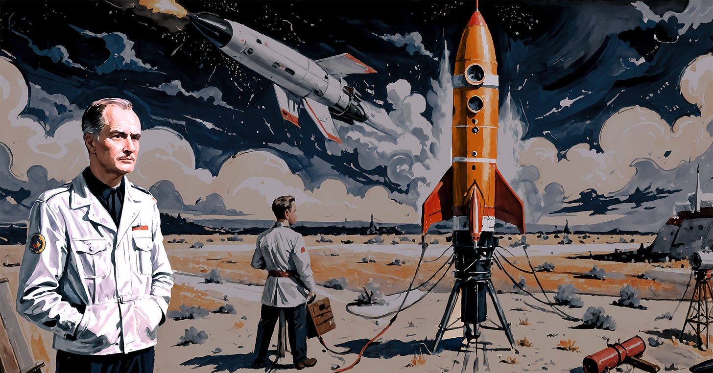 Retro-style illustration depicting a 1950s sci-fi scene, featuring Robert A. Heinlein, renowned science fiction author who famously invented the NASA countdown for the film "Destination Moon." In the foreground, Heinlein stands prominently in a white lab coat, his stern expression conveying the gravity of space exploration. Behind him, a desert landscape stretches out, dominated by a large orange rocket on a launch pad, possibly awaiting Heinlein's iconic countdown. Another figure in a lab coat observes the rocket. The dramatic sky shows a white spacecraft in flight among swirling clouds, symbolizing the realization of Heinlein's visionary ideas. The color palette uses muted tones with pops of orange, creating a vintage futuristic atmosphere that captures the technological aspirations and imagination of the early space age.