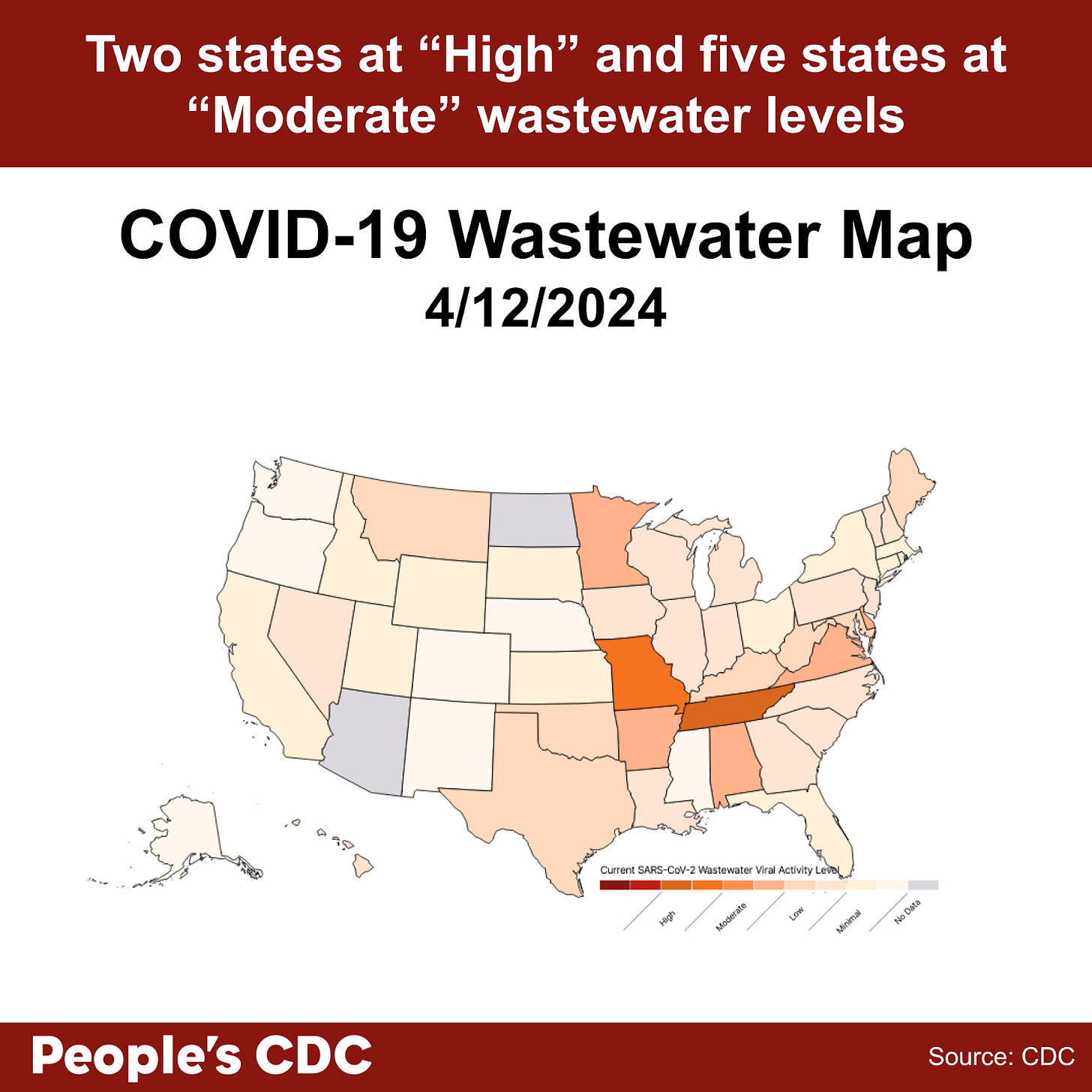 A map of the United States color-coded in shades of orange, and gray displaying SARS-CoV-2 Wastewater Viral Activity level as of April 12, 2024, where deeper tones correlate to higher viral activity and gray indicates insufficient data. Tennessee and Missouri have orange “high” COVID-19 levels, 5 states have ‘Moderate’ Wastewater Levels, and 2 states and 3 territories have insufficient data. Text above map reads “Two states at ‘High’ and 5 states at ‘Moderate’ Wastewater Levels. COVID-19 Wastewater Map 4/12/2024. People’s CDC. Source: CDC.”