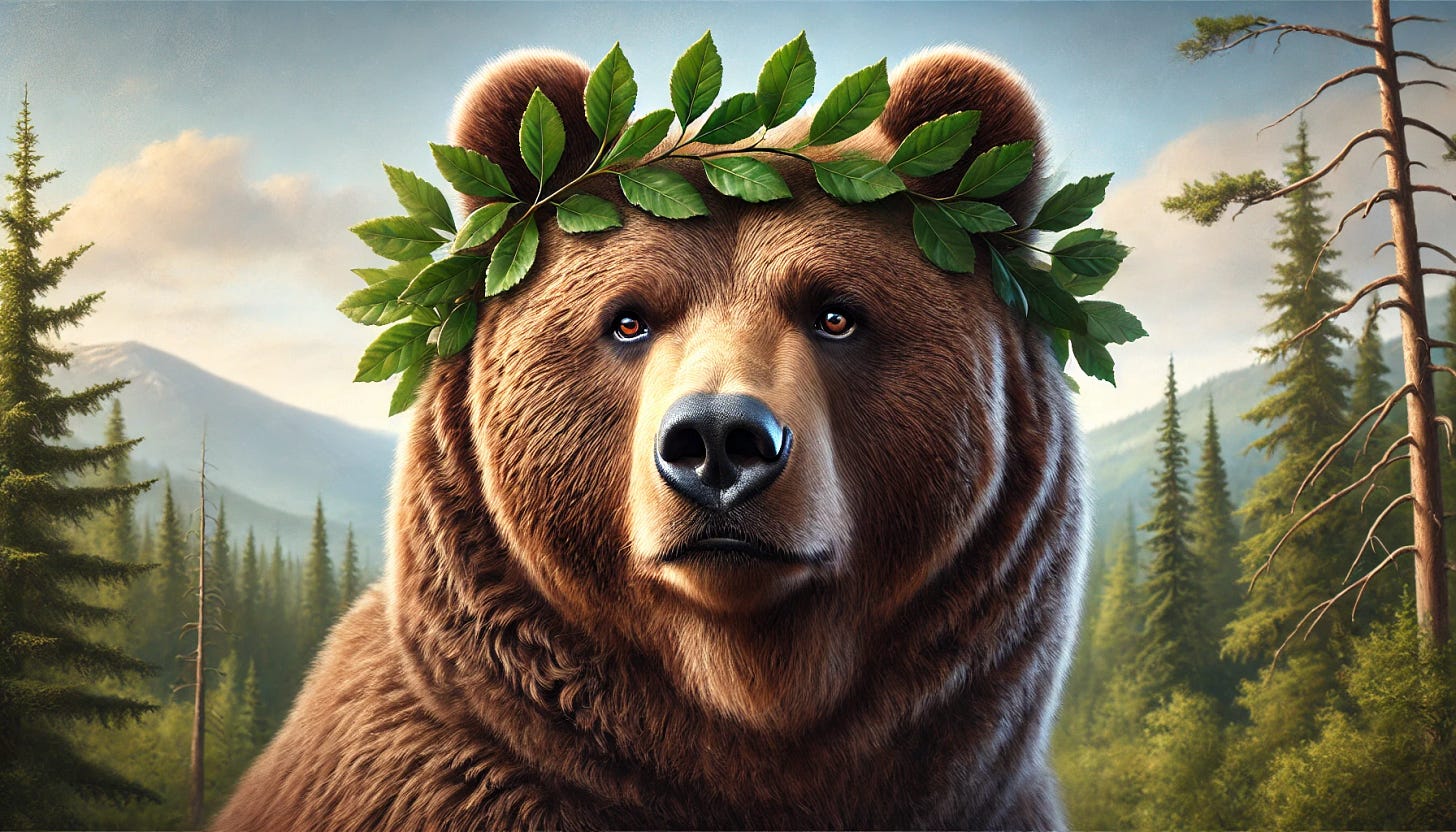 A majestic Kodiak bear wearing a laurel wreath on its head. The bear is portrayed with a noble and wise demeanor, thick and glossy fur, and expressive eyes. The laurel wreath, rich and green, rests naturally atop the bear's head, emphasizing dignity and classical elegance. The background features a natural, serene landscape with forests or mountains in soft focus, enhancing the bear's regal presence. Realistic and detailed style, wide aspect ratio.