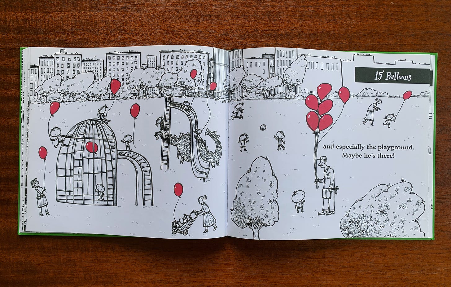 A black and white illustrated spread of a playground with a dragon, 15 red balloons, and children playing from "Have You Seen My Dragon?"