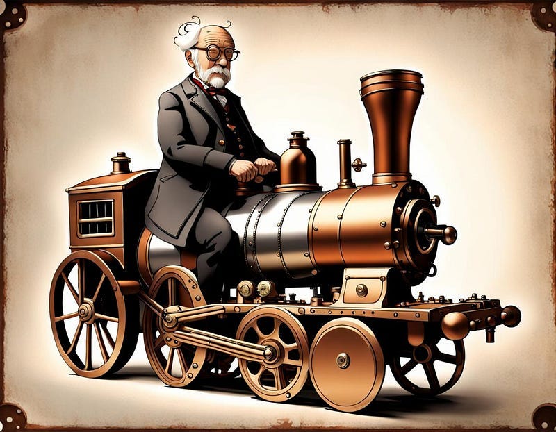 Grandad seated on miniature steam engine