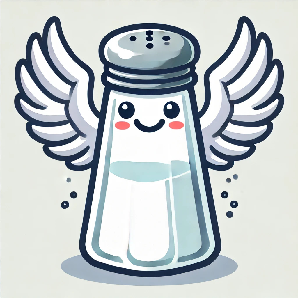 A cartoon-style image of a table salt shaker with wings. The salt shaker should be smiling and have a friendly expression, with two white, feathered wings attached to its sides. The background should be simple and plain to keep the focus on the character.