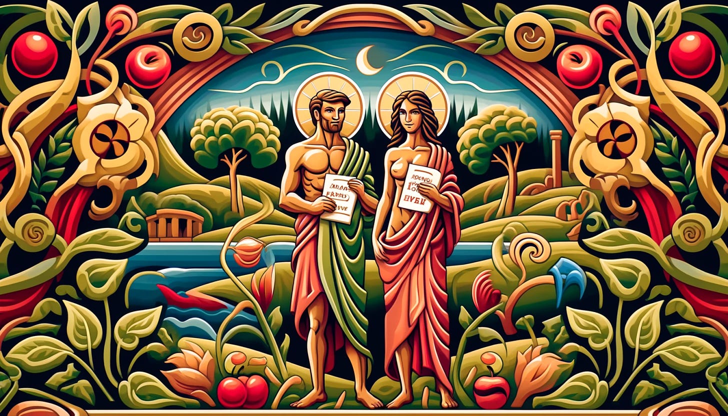 An iconographic depiction of Adam and Eve in the Garden of Eden, covered modestly only by diplomas, certificates, and other educational items. The scene has a stylized, symbolic design with bold lines and rich colors, similar to traditional religious iconography. The background includes simplified yet vibrant trees, plants, and a serene river. Adam and Eve stand with a sense of reverence and pride, holding their educational items prominently. The overall style should be reminiscent of classical religious icons, with a focus on symbolic representation and a sense of sacredness.