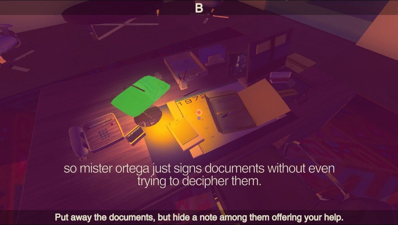 Documents on a desk. Caption: So mister ortega just signs documents without even trying to decipher them. Option: Put away the documents, but hide a note among them offering your help.