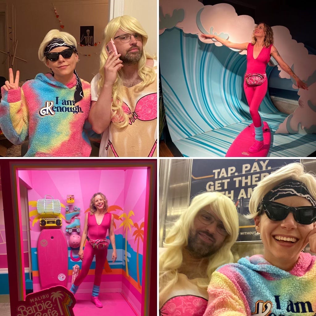 4 Photos, 1) Leah dressed up as Ken and Dustin dressed up as Barbie. 2) Leah dressed as Barbie on a surfboard. 3) Leah dressed up as Barbie in a life-sized Barbie package, 4) Dustin dressed up as Barbie and Leah as Ken on the subway. 