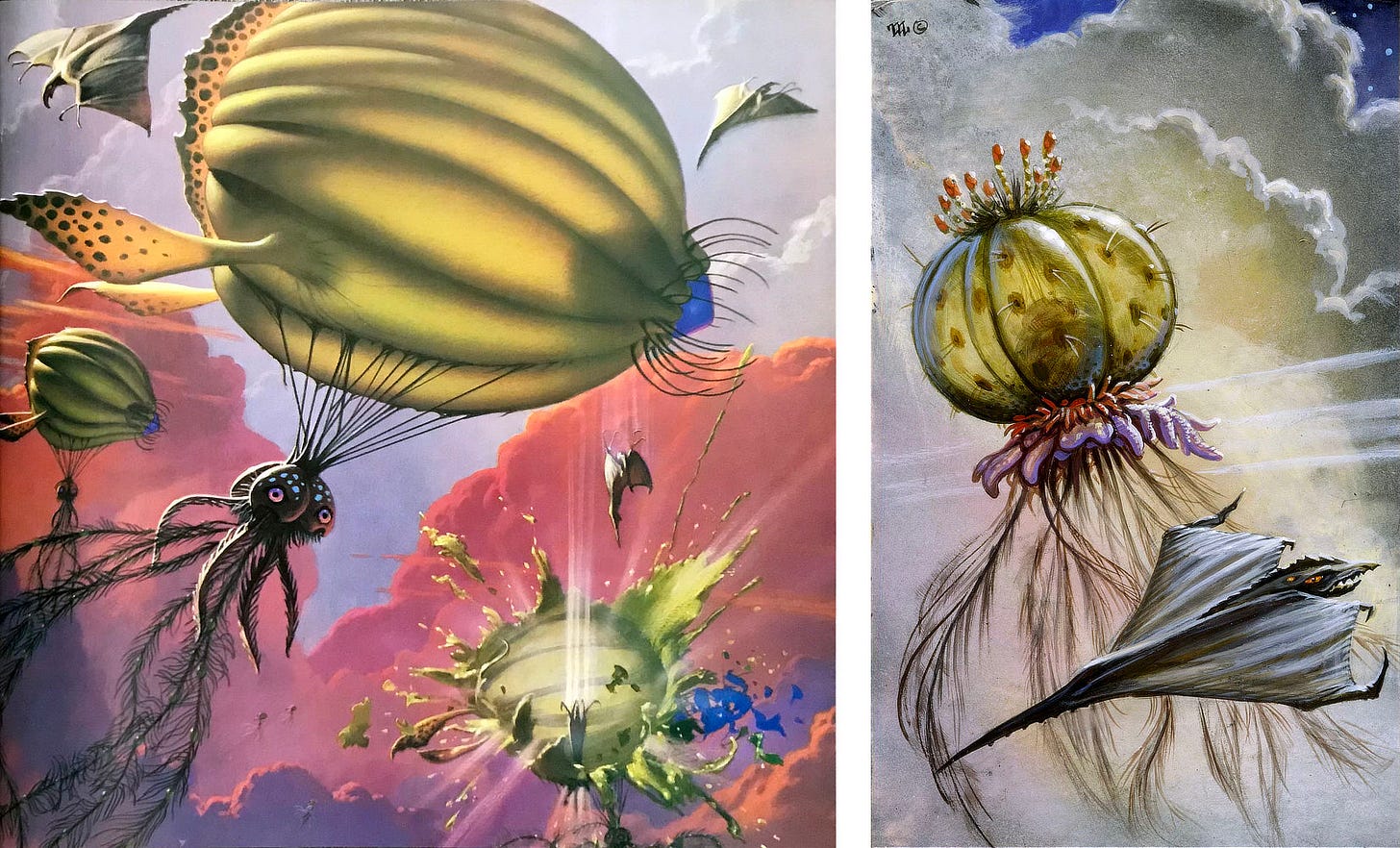 LEFT: In the clouded skies of Jupiter, Swordtails attack Jellyblimps. The Swordtails resemble aquatic rays, forming broad triangles as they glide with wings wide. They drop tail down to dive bomb the black tentacled cephalopods dangling from green blimp-like air sacs on a series of black cords.  RIGHT: Against a background of clouds, a flying ray races by a green bag of air with strands of tentacles. Flowers grow off the top of the Jellyblimp, here imagined as a pumpkin shaped creature. Cactus-like whiskers dot the sides. A ring of red tentacles sits atop thicker purple, trailed below by wispy strands of tentacles. The colors are reminiscent of the underwater life on a coral reef. The swordtail is a firm triangle with blunt end leading. It has an aerodynamic head and the sweep of its wings each end with a hook like a bat's. Its spine is pronounced ending in a stiff barbed tail.