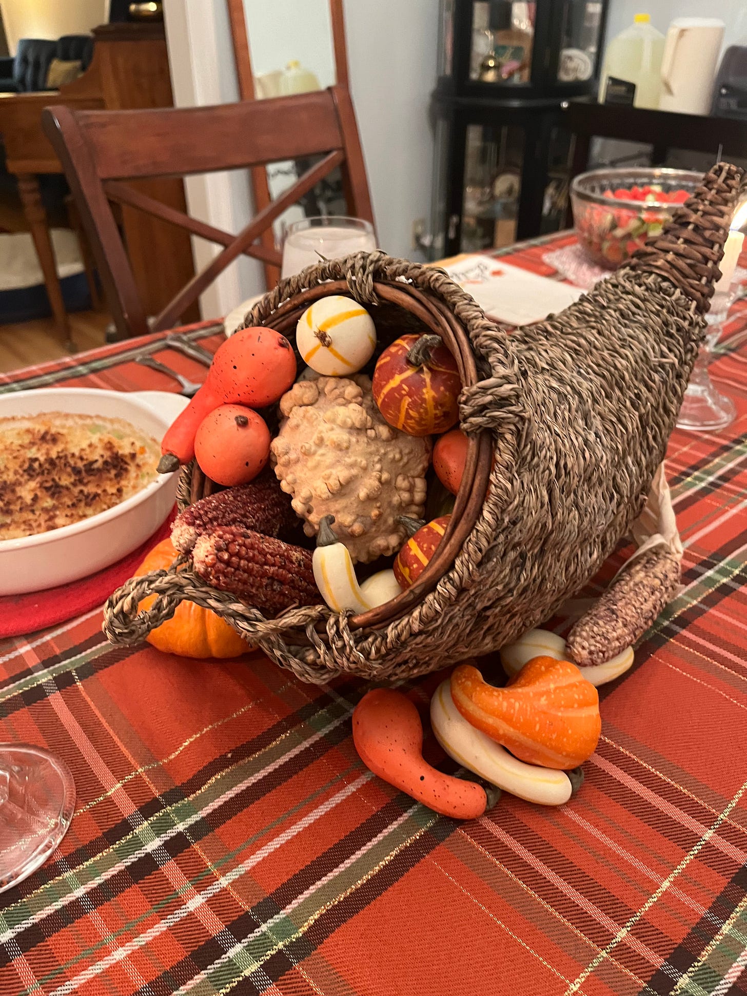 Overflowing cornucopia on the Friendsgiving table