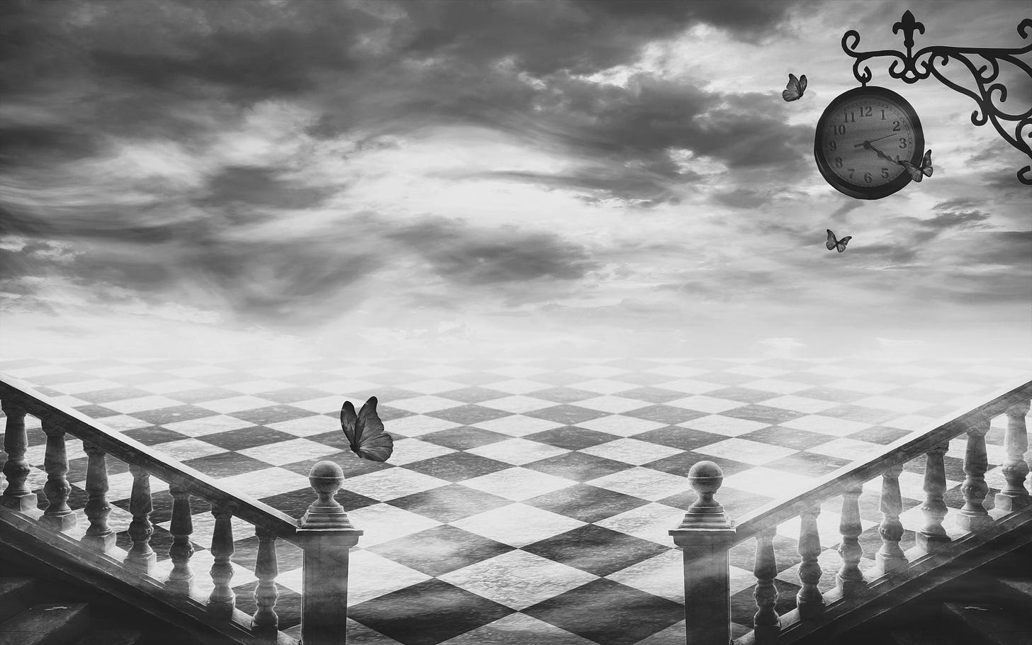 Image of the chessboard, presumably from Alice in Wonderland. The sky above is filled with dark clouds, w/some light peaking through.