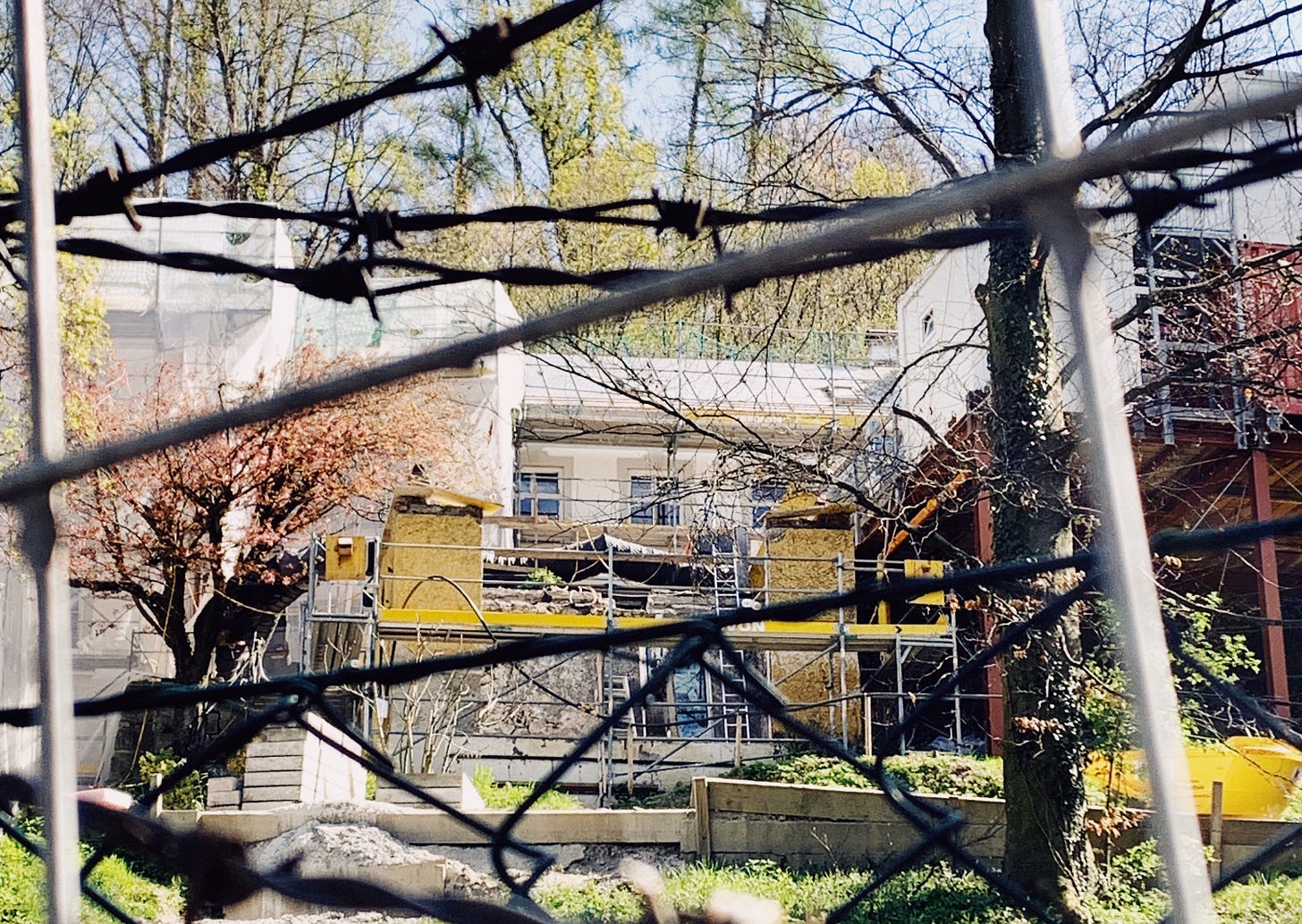 Stefan Zweig’s former villa in Salzburg, covered in barbed wire, construction effluvia, and private property signs. Stefan Zweig’s former villa in Salzburg, covered in barbed wire, construction effluvia, and private property signs.
