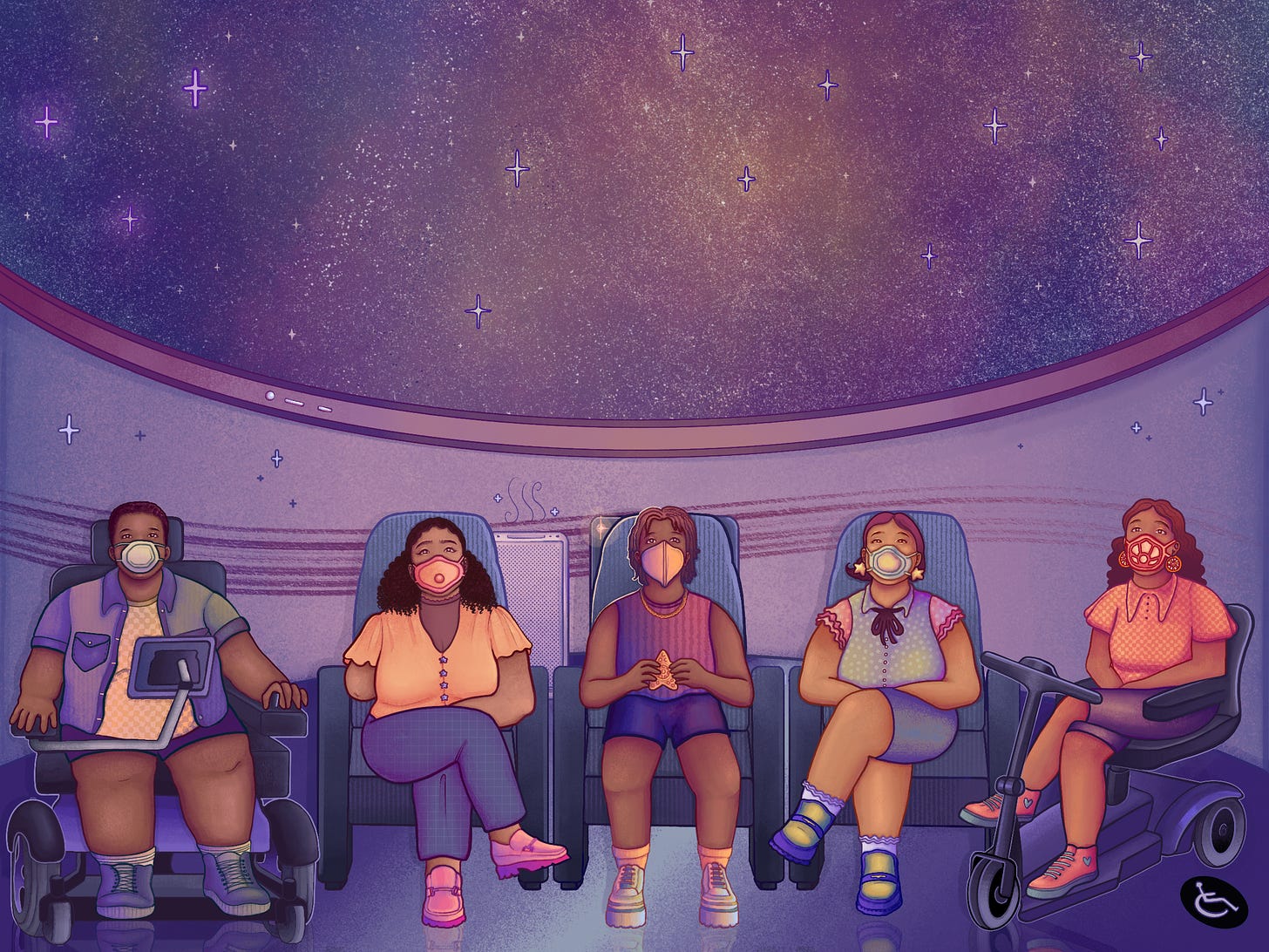 Illustration of five BIPOC friends enjoying a planetarium show together, all sitting and wearing a variety of masks and colorful summer outfits. In the group: a Black trans man using a power wheelchair, an Afro-Latina woman who’s an arm amputee, a Black Autistic person holding a star-shaped fidget, an invisibly disabled Asian femme, and a multiracial person using a mobility scooter. Stars twinkle in the overhead dome as soft purple light fills the room and an air purifier hums in the background. A wheelchair access symbol can be seen beneath the mobility scooter.