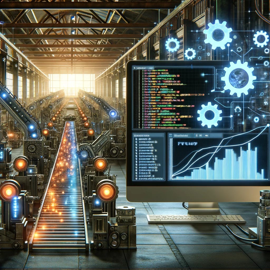 An industrial setting with an assembly line where computer screens display code and data analytics graphs. Machinery symbolizes the transformation of raw data into refined features for machine learning. The scene combines elements of technology and production, with gears, conveyor belts, and digital displays, illustrating the concept of a feature factory for machine learning algorithms.