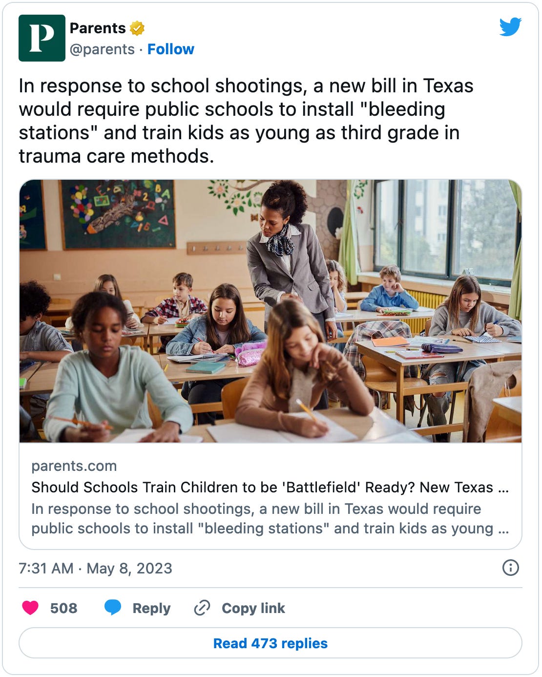 May 8, 2023 tweet from Parents.com reading, "In response to school shootings, a new bill in Texas would require public schools to install "bleeding stations" and train kids as young as third grade in trauma care methods."