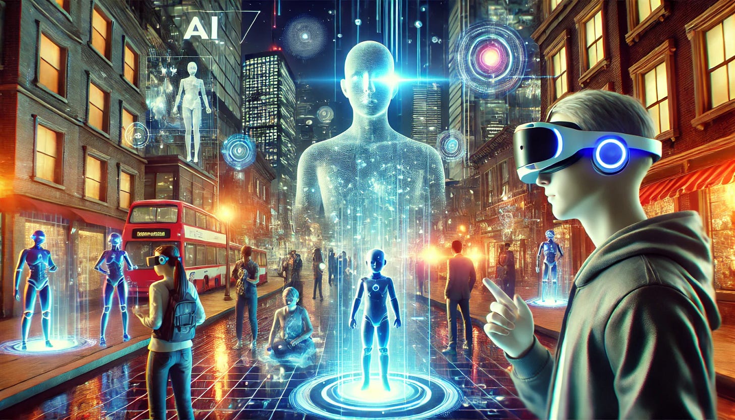 A futuristic digital city with AI-powered holograms and virtual avatars interacting in a cyberpunk environment. The cityscape is illuminated with neon lights, and people wearing high-tech AR/VR headsets are engaging with lifelike AI companions. The scene has a vibrant, immersive feel, blending virtual and real-world elements seamlessly.