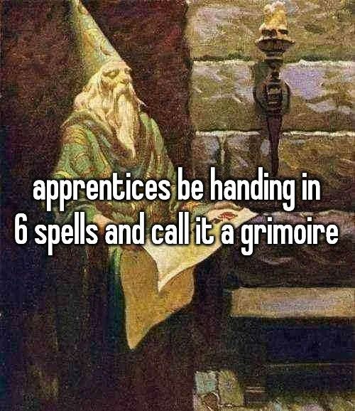 a wizard looking at a scroll and the caption "apprentices be handing in 6 spells and call it a grimoire"