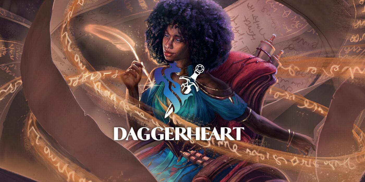 The Daggerheart Logo superimposed over an illustration of a Black woman with an afro hairstyle. She is in a wheelchair holding a quill. Parchment and runes swirl around her.