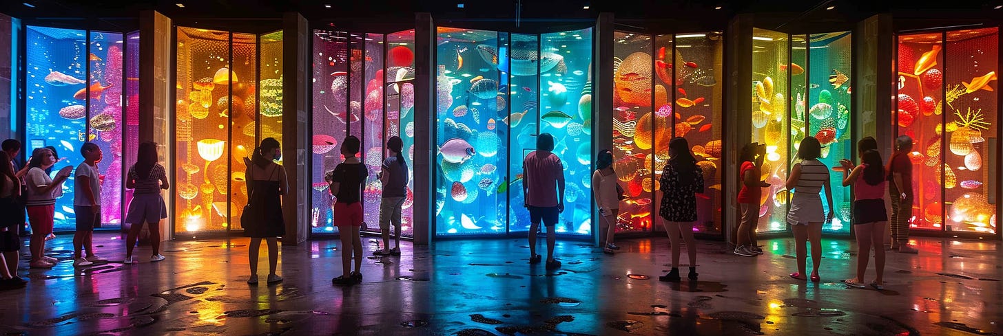 People observing a large, brightly lit aquarium display featuring a rainbow of colors and a variety of sea creatures.